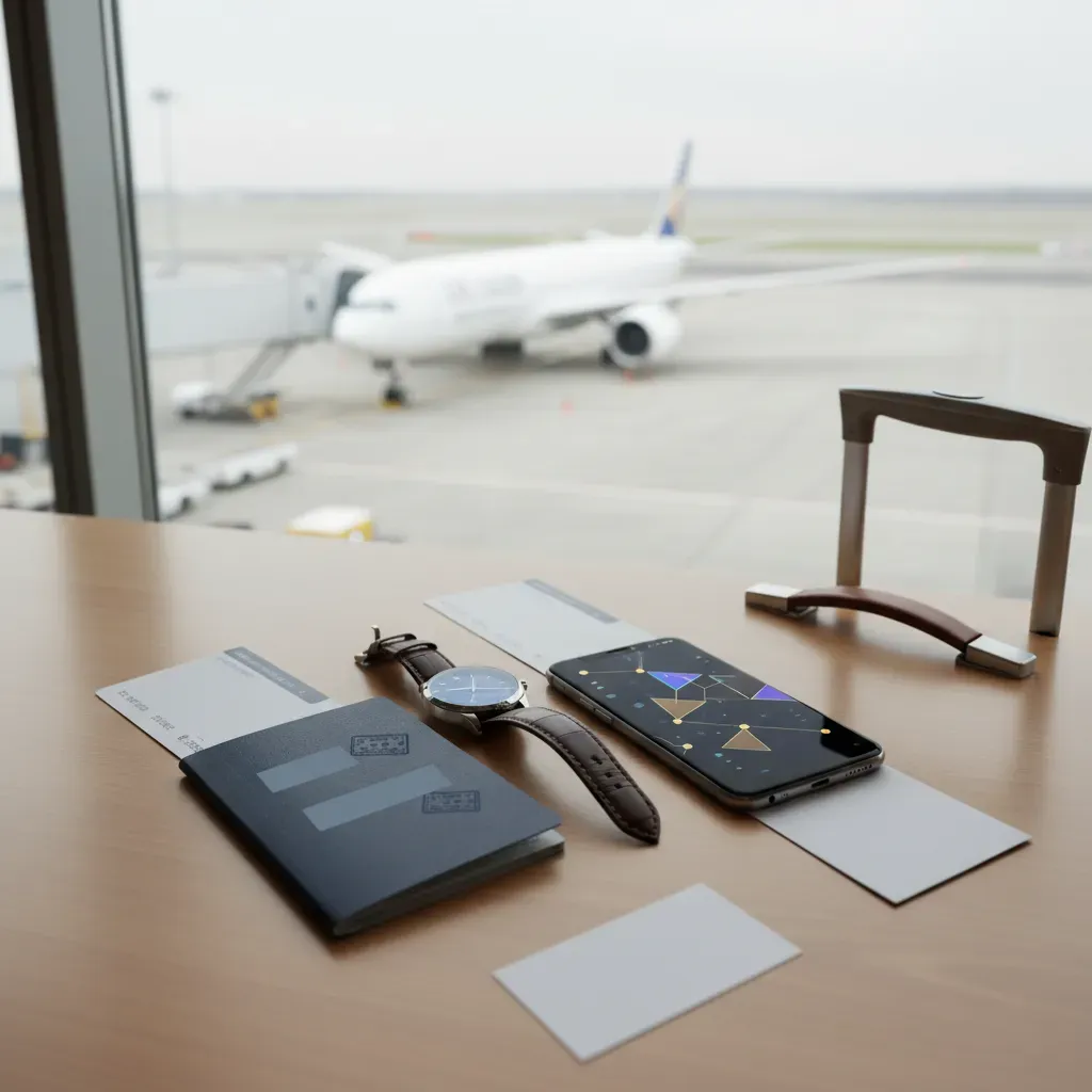 First class international routes planning scene with travel essentials and airport view