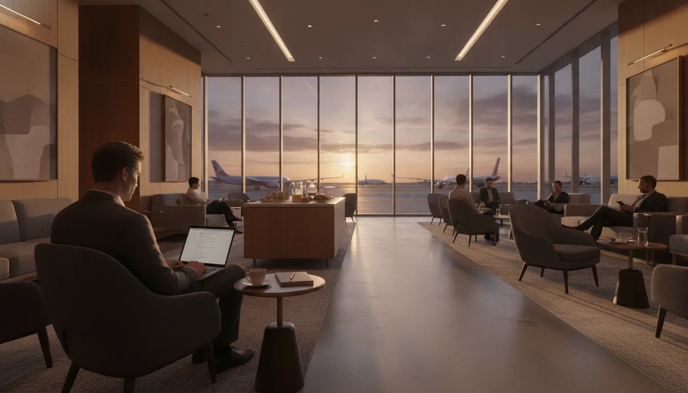 Flying business class for work ground experience in a premium airport lounge supporting productivity and time protection