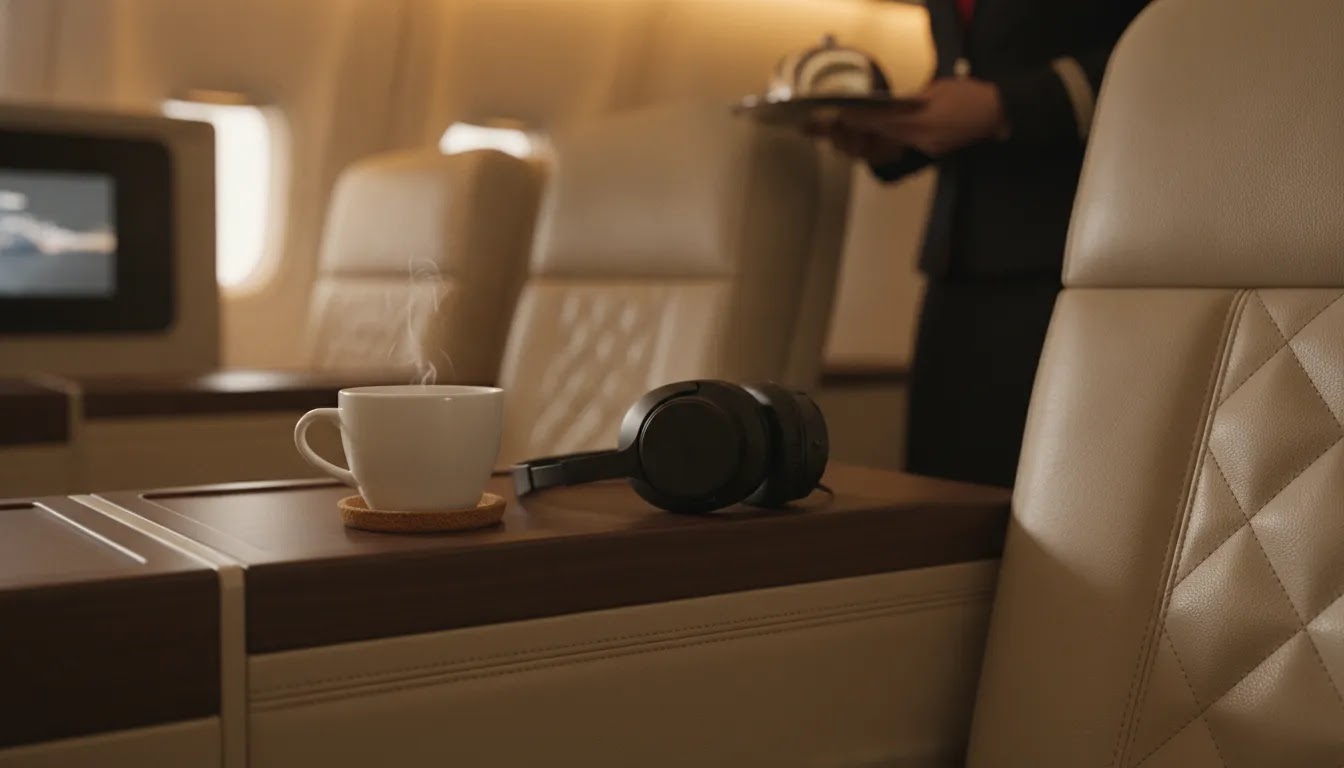 Flying business class detail showing privacy, comfort, and workspace focus in a premium cabin