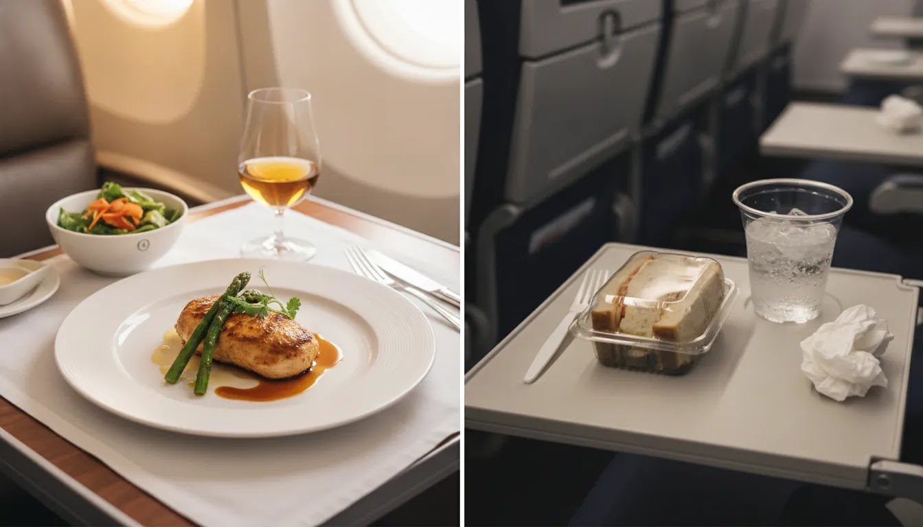 Is flying first class worth it comparison image showing premium and standard in-flight service details