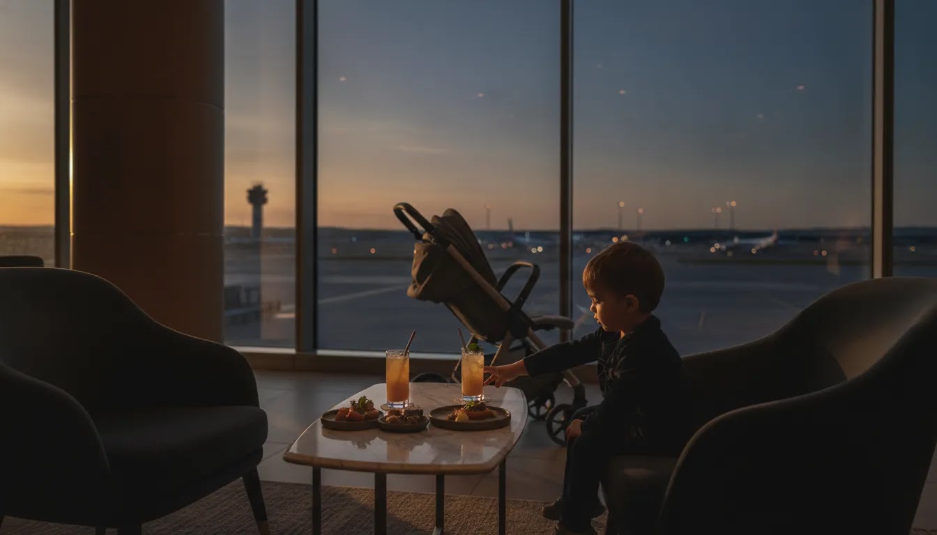 Family first class flight experience in a premium airport lounge before departure