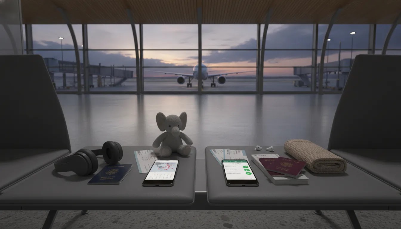 Family first class flight travel planning scene at airport gate with family essentials