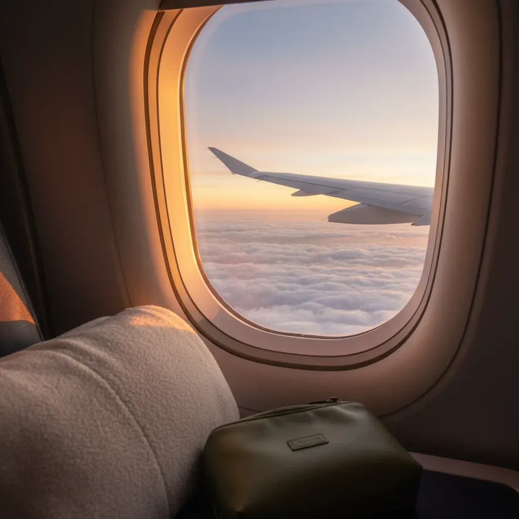 Discount business class flights international shown through a premium aircraft window view at sunrise