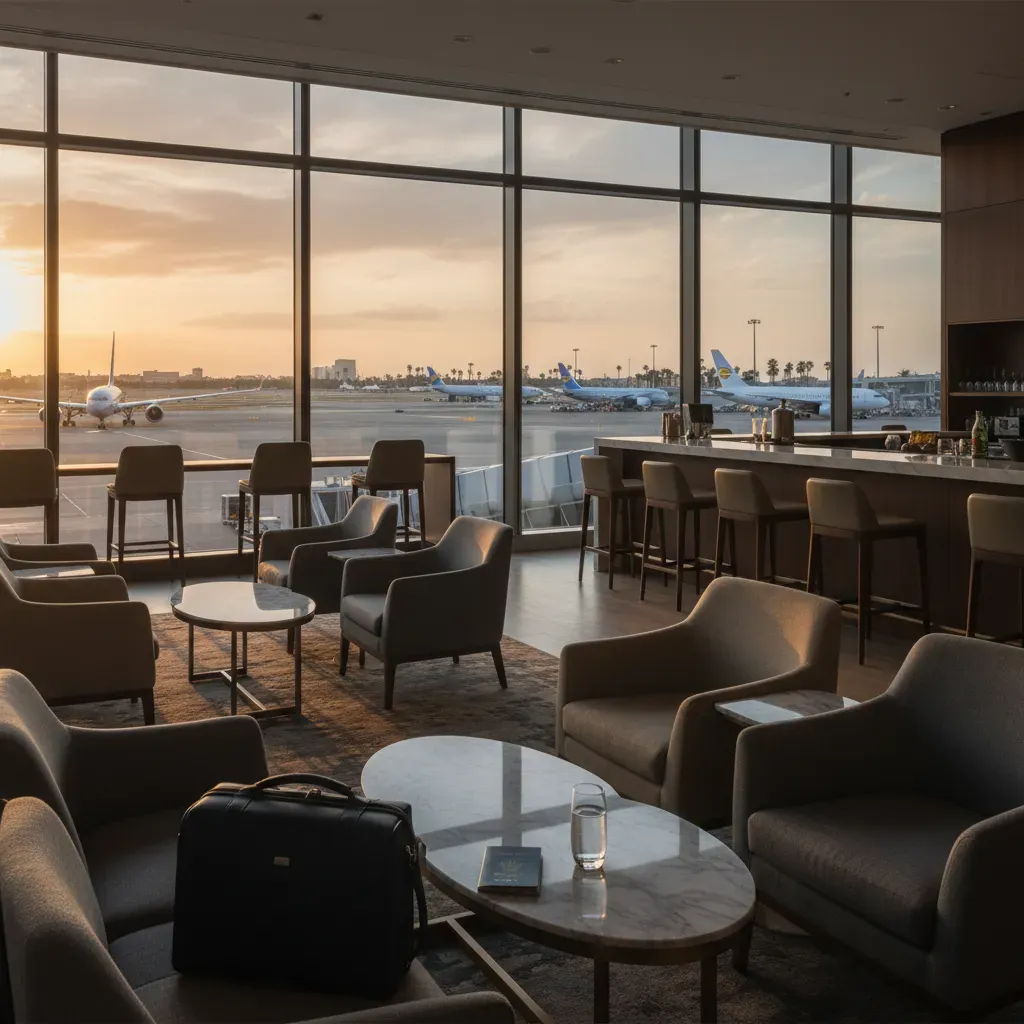 First class to Orlando illustrated by a premium airport lounge before departure