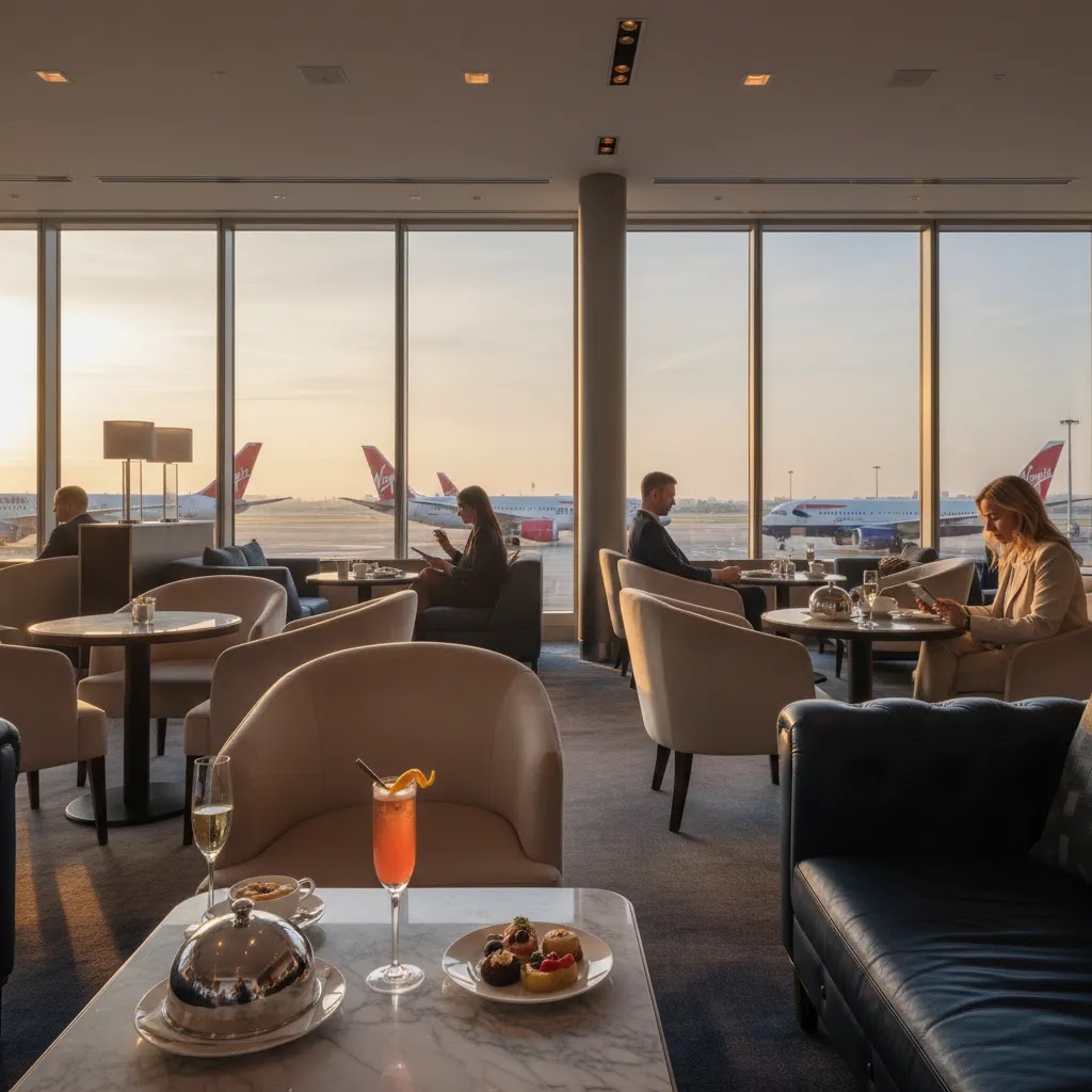 Virgin Atlantic Upper Class lounge style experience at Heathrow with premium seating dining ambiance and runway views