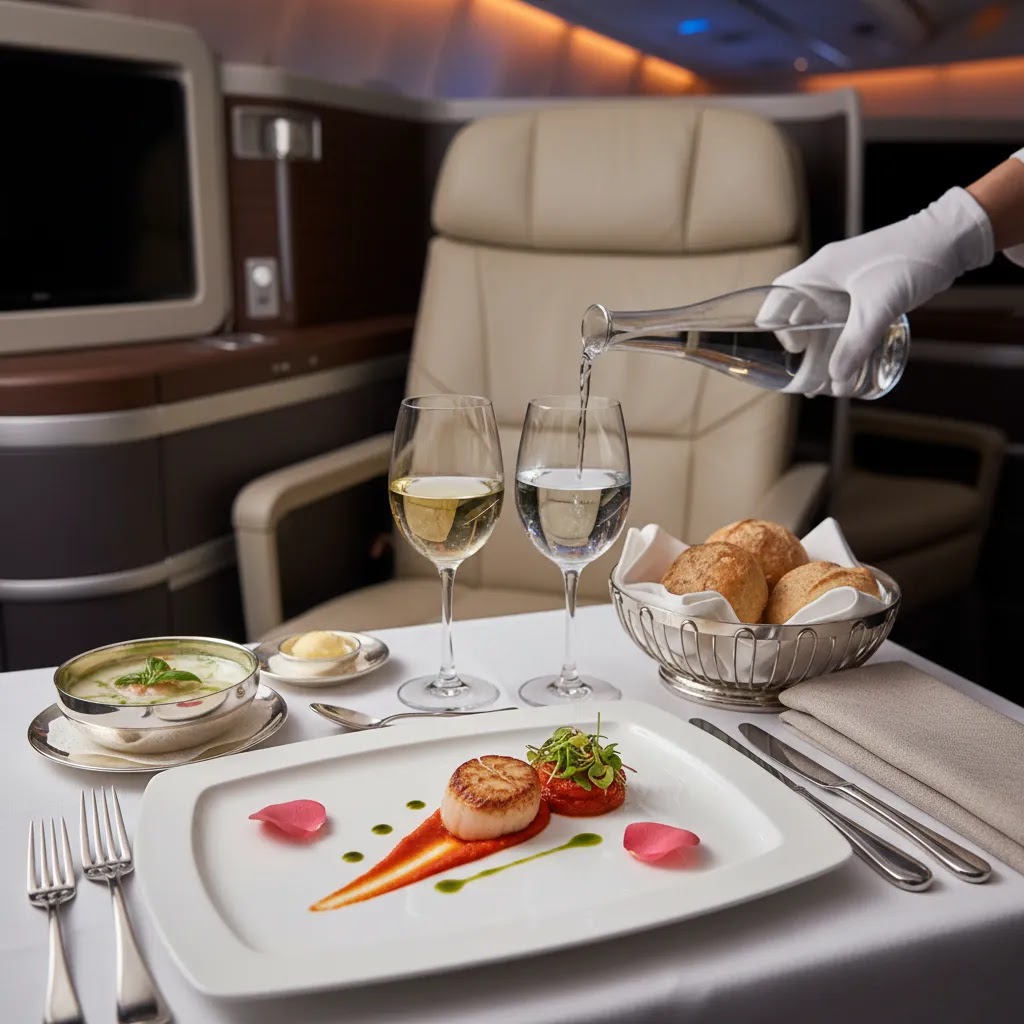 Turkish Airlines business class flight review showing premium onboard dining