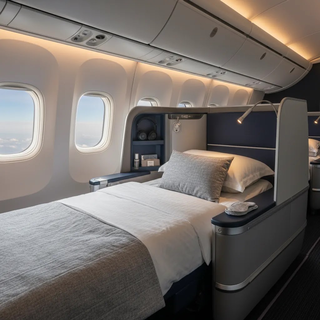 American Airlines business class seats with lie-flat bed setup and premium cabin details