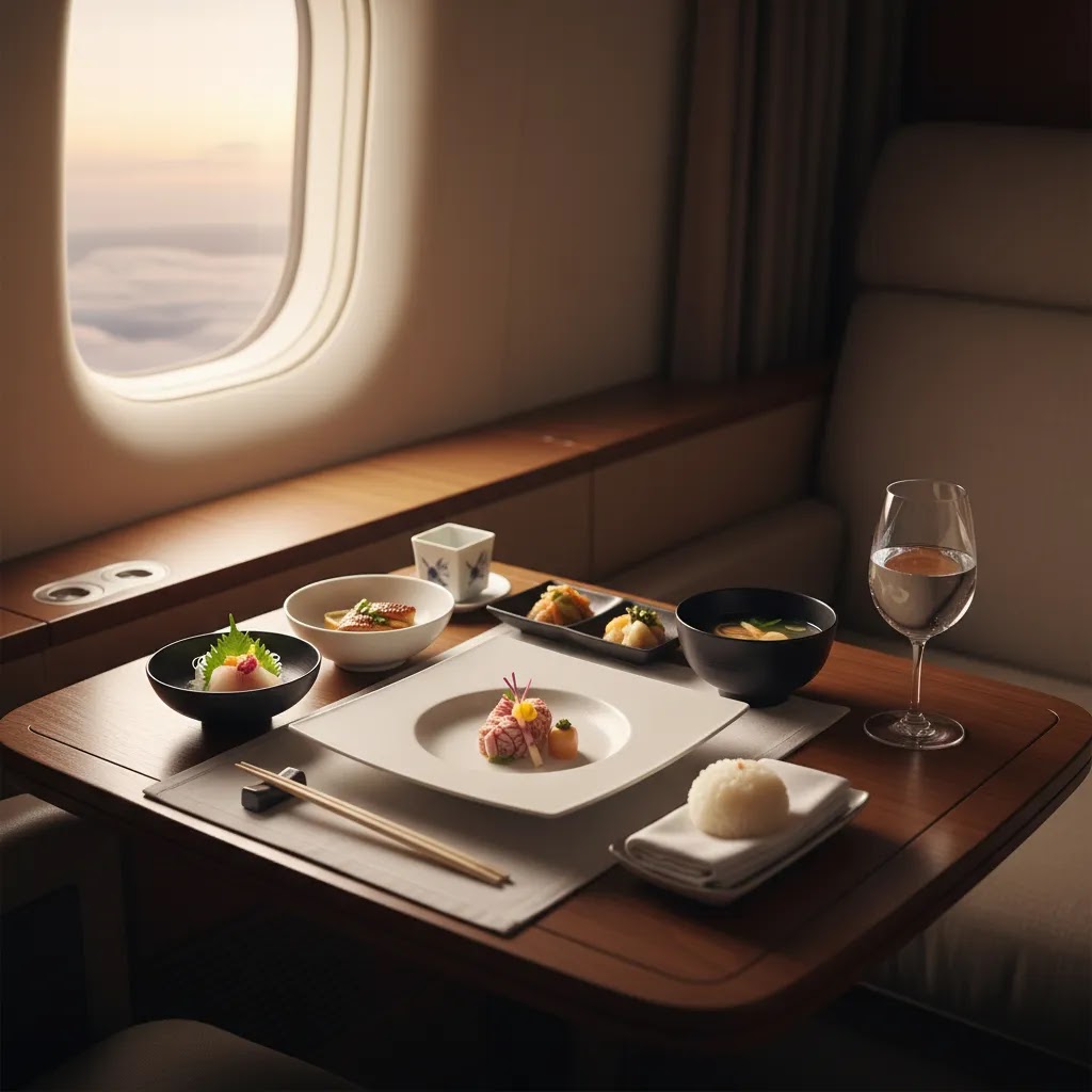 JAL first class review image featuring elegant Japanese in-flight dining service in a private suite