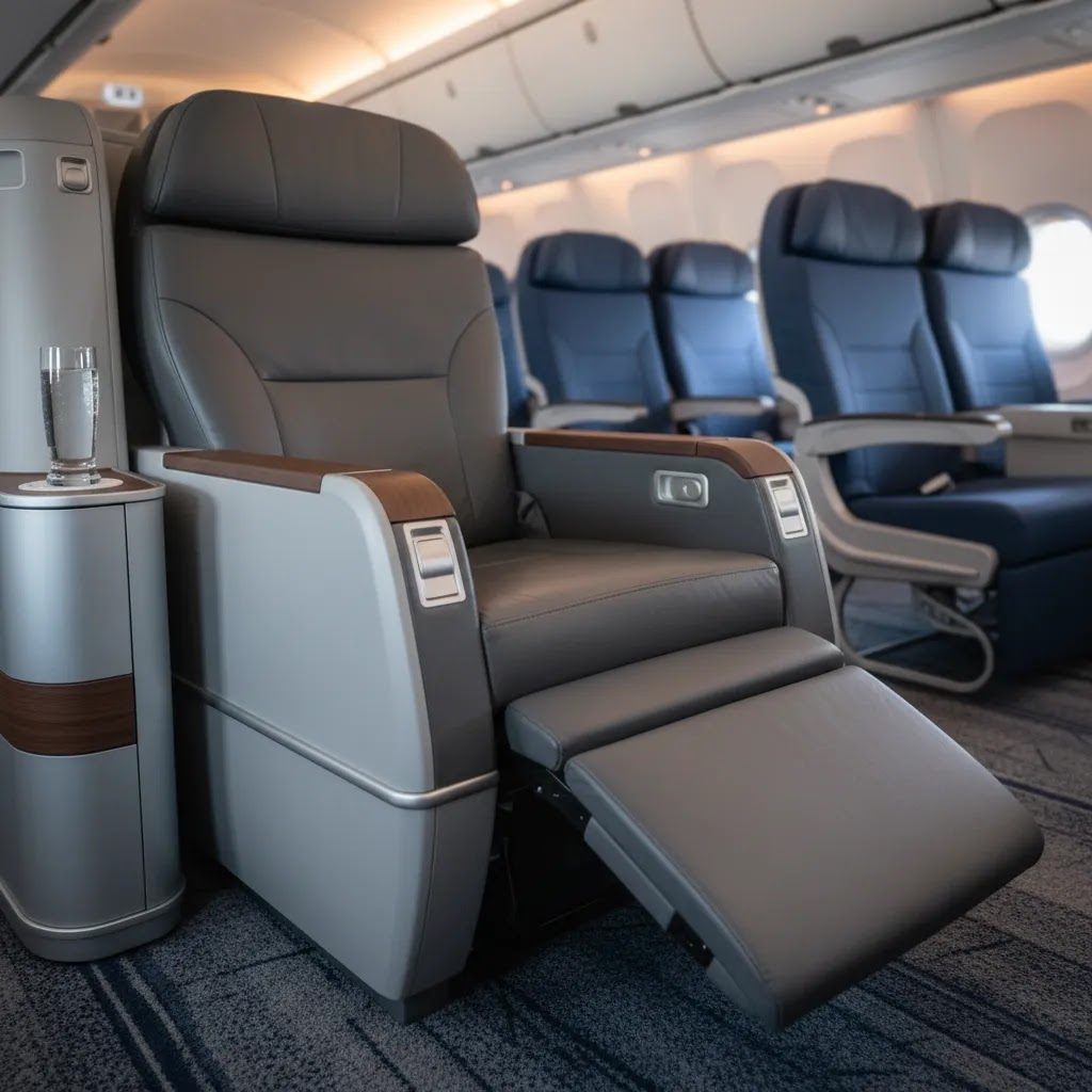 Delta first class seat comparison showing wider seating and extra space versus a standard premium economy style cabin
