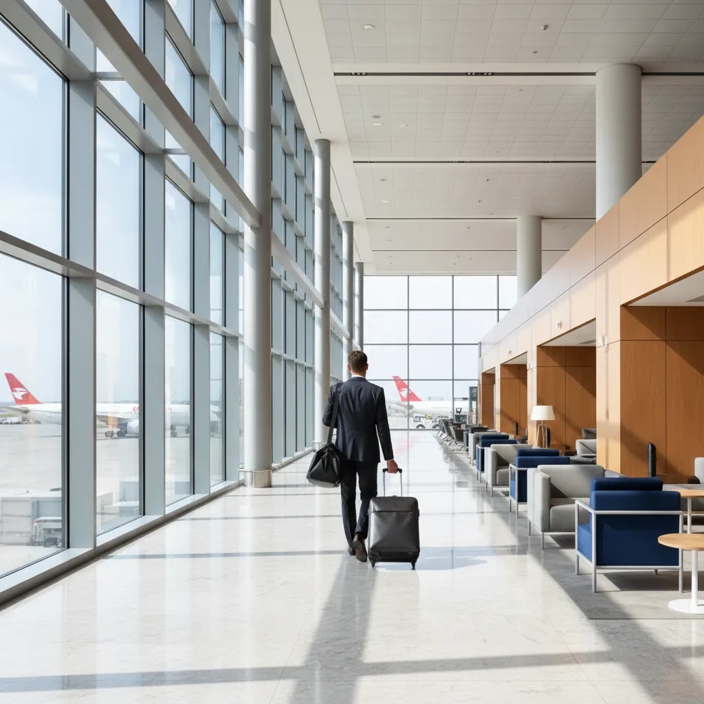 LATAM airlines reviews image of a premium airport connection scene for business class travelers in South America