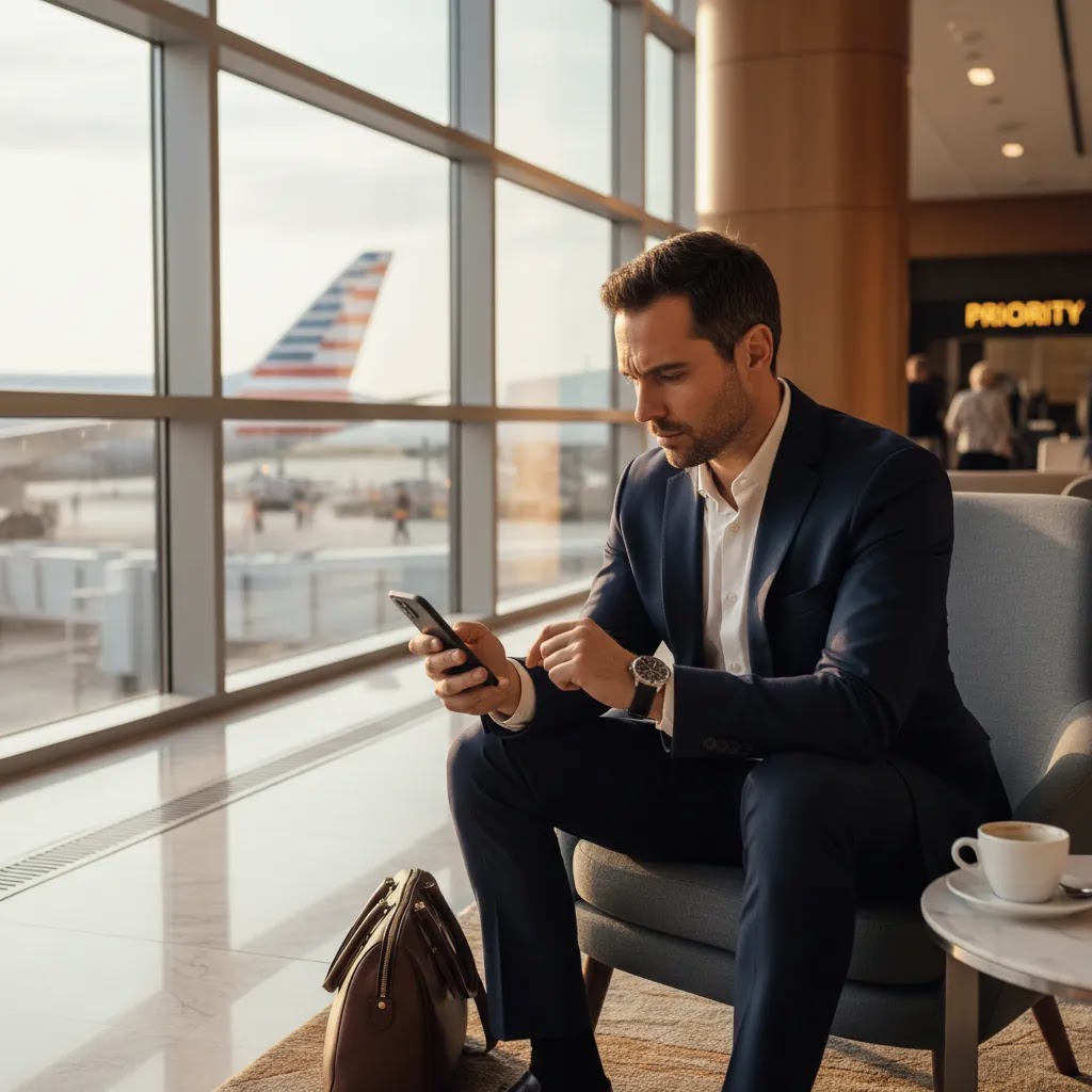 American Airlines first class upgrade timing at the airport with traveler checking phone before boarding