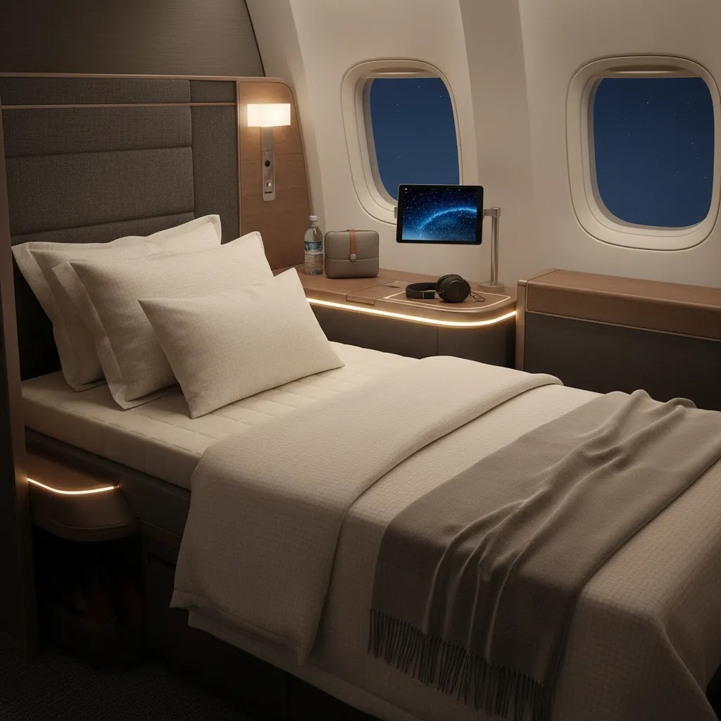 Delta business class seats converted into a lie-flat Delta One bed for overnight comfort
