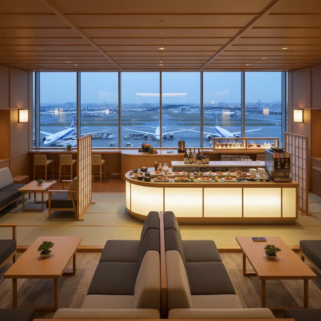 ANA business class lounge style premium airport experience before a Tokyo flight
