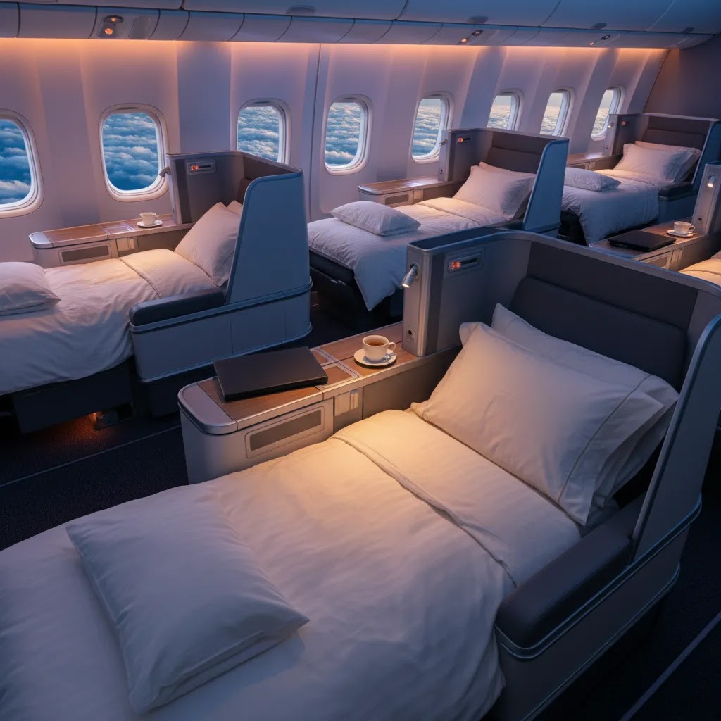 Business class flight London to New York cabin showing lie-flat seats and premium comfort