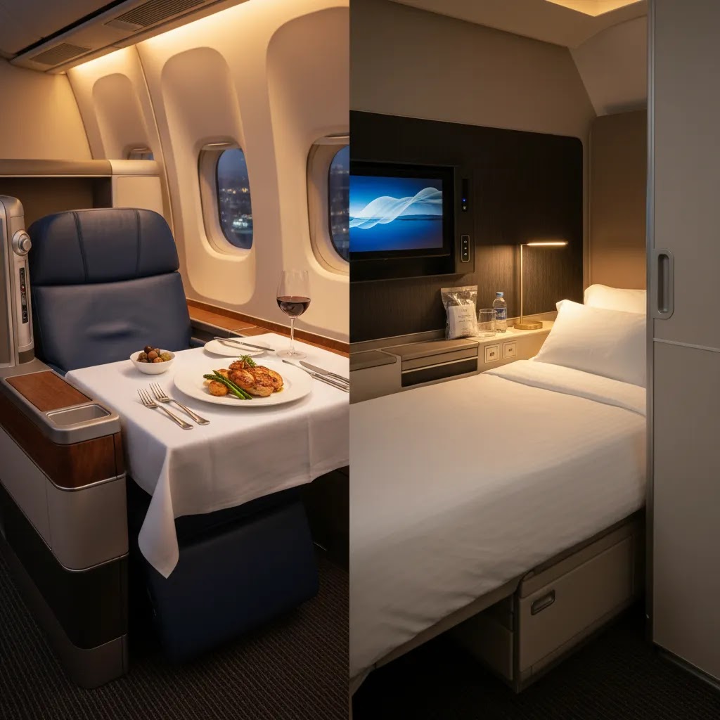 Delta first class vs Delta One cabin comparison with reclining domestic seat and lie-flat premium suite concept