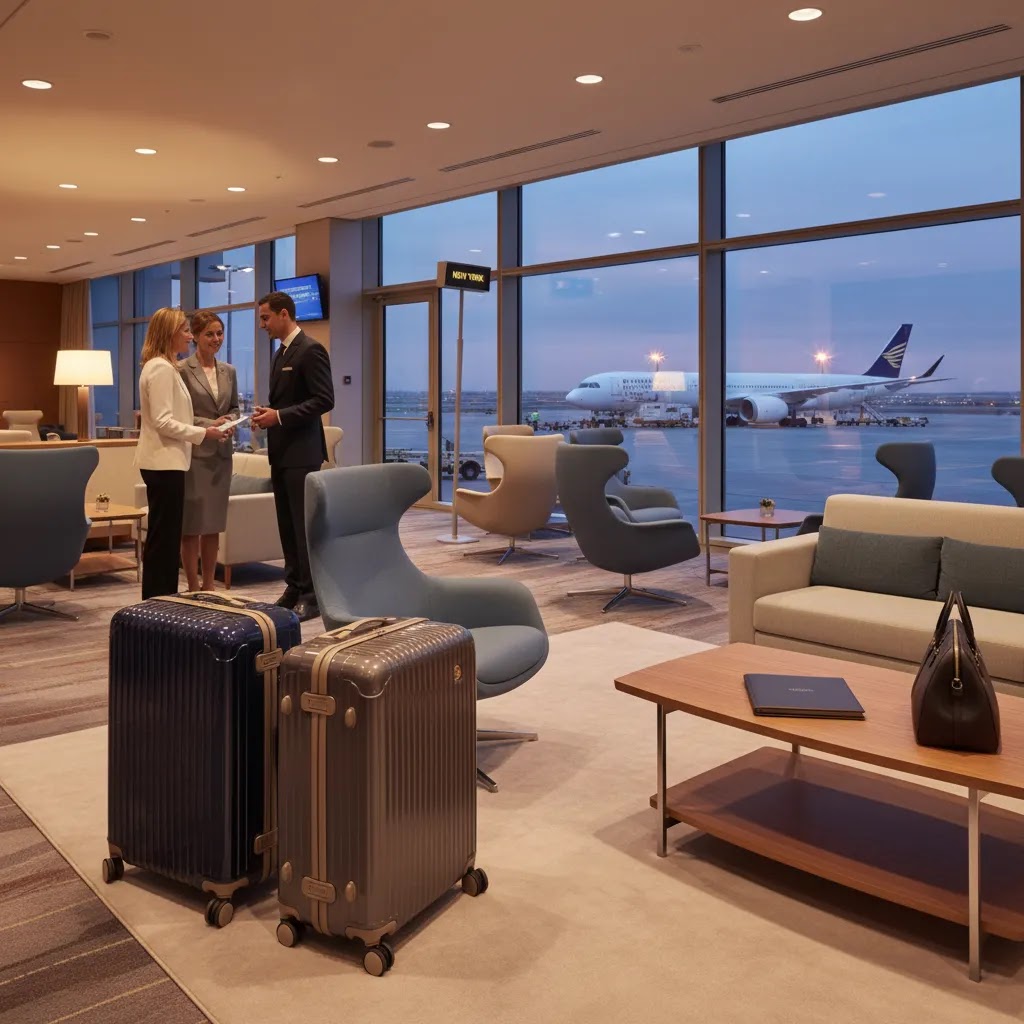 Premium airport gateway scene for first class flights to New York with lounge and runway view