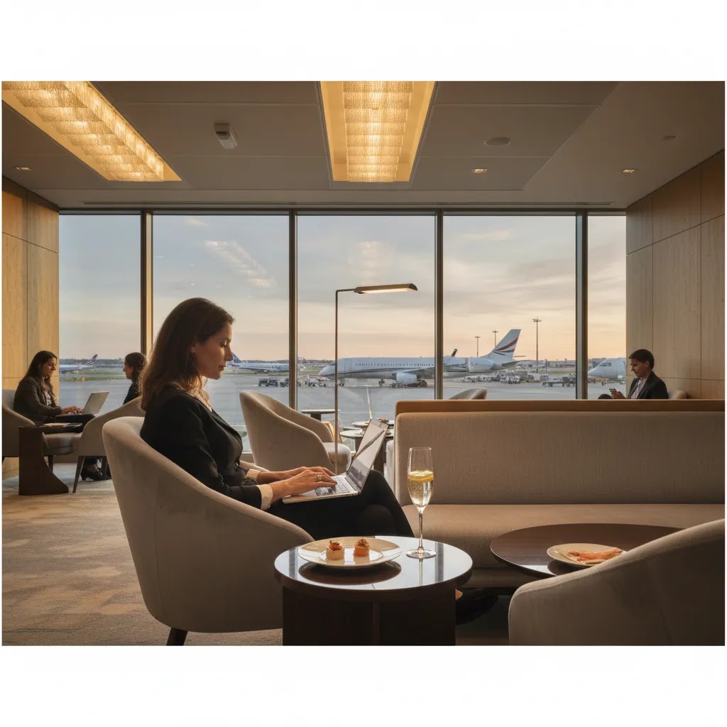 Business class flights Paris to New York premium lounge experience with elegant seating and refined pre-flight service