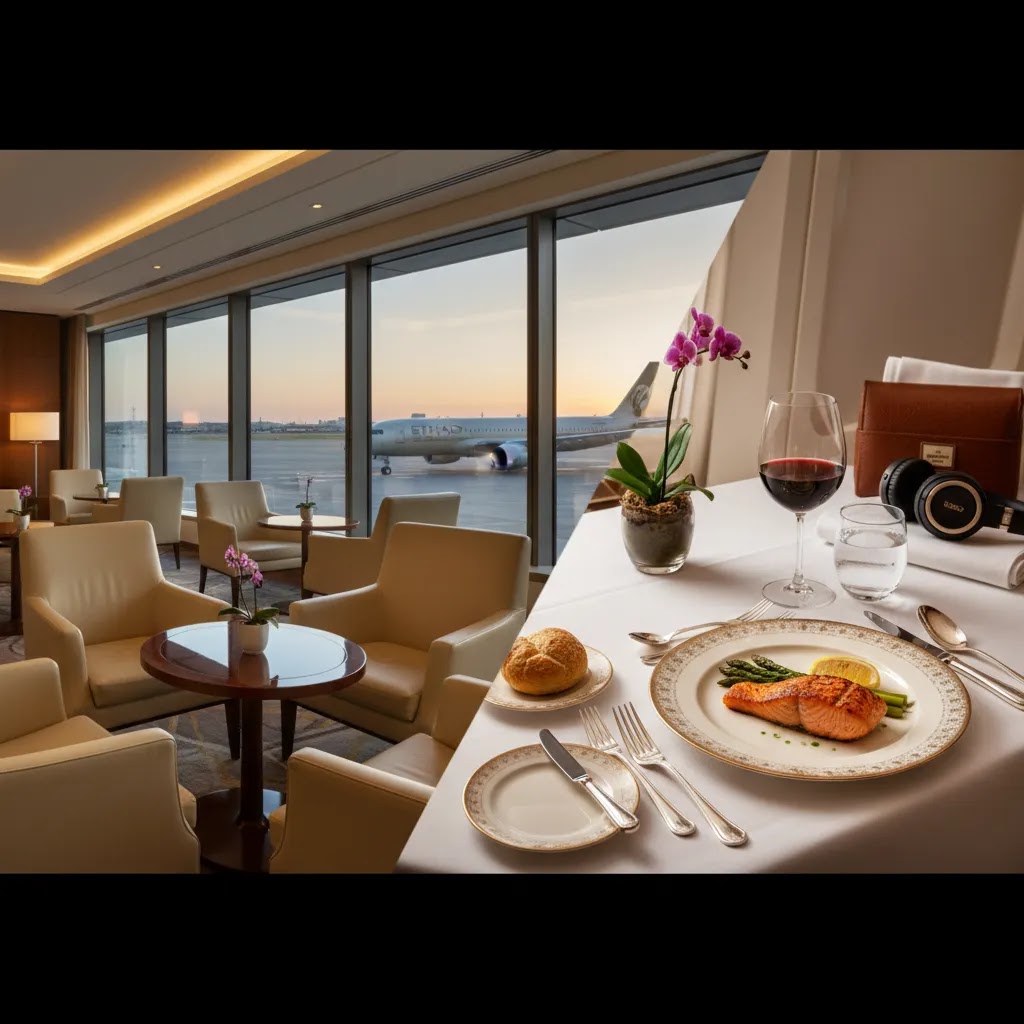 Etihad business class flight deals visual with premium lounge atmosphere and elegant business class dining