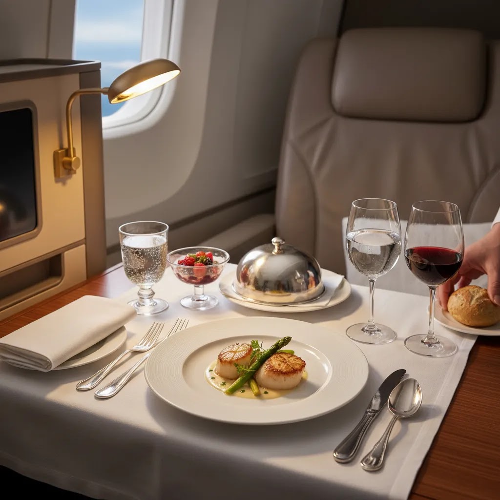 Refined qatar airways flight business class dining service in a private premium suite