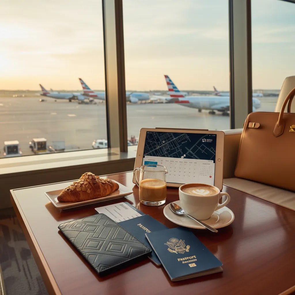 American Airlines business class premium travel experience with lounge setting and upscale journey details