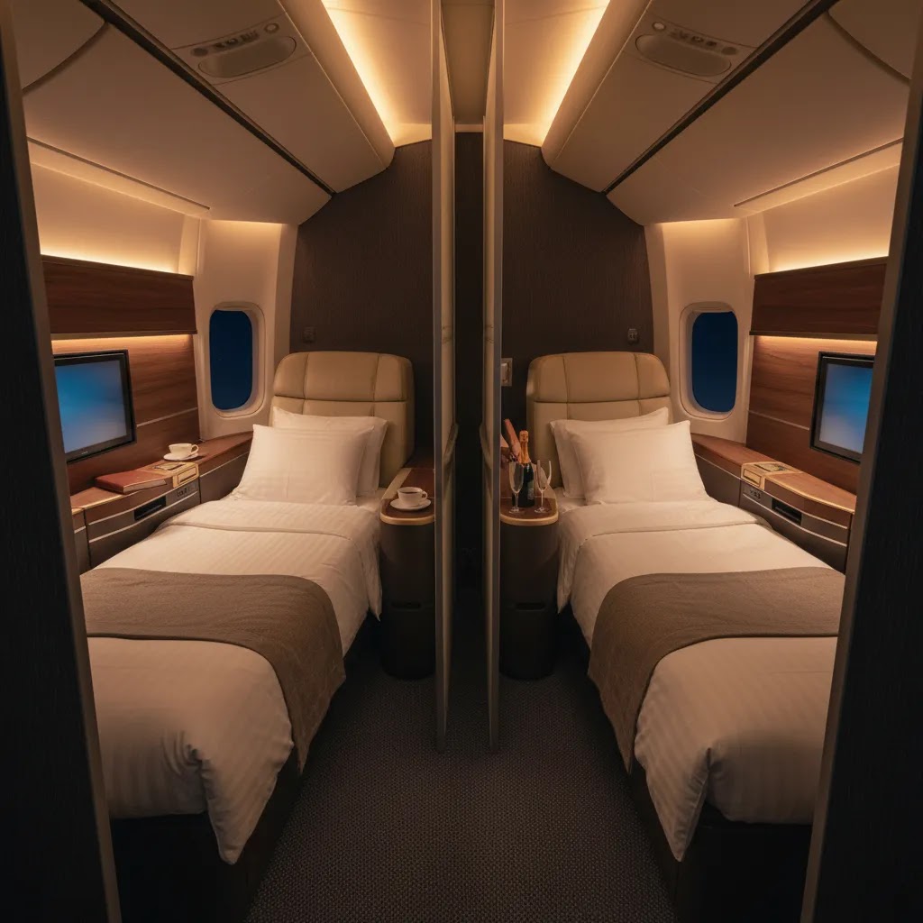 JAL first class seats and suite layout showing privacy and comfort for long-haul travel to Japan