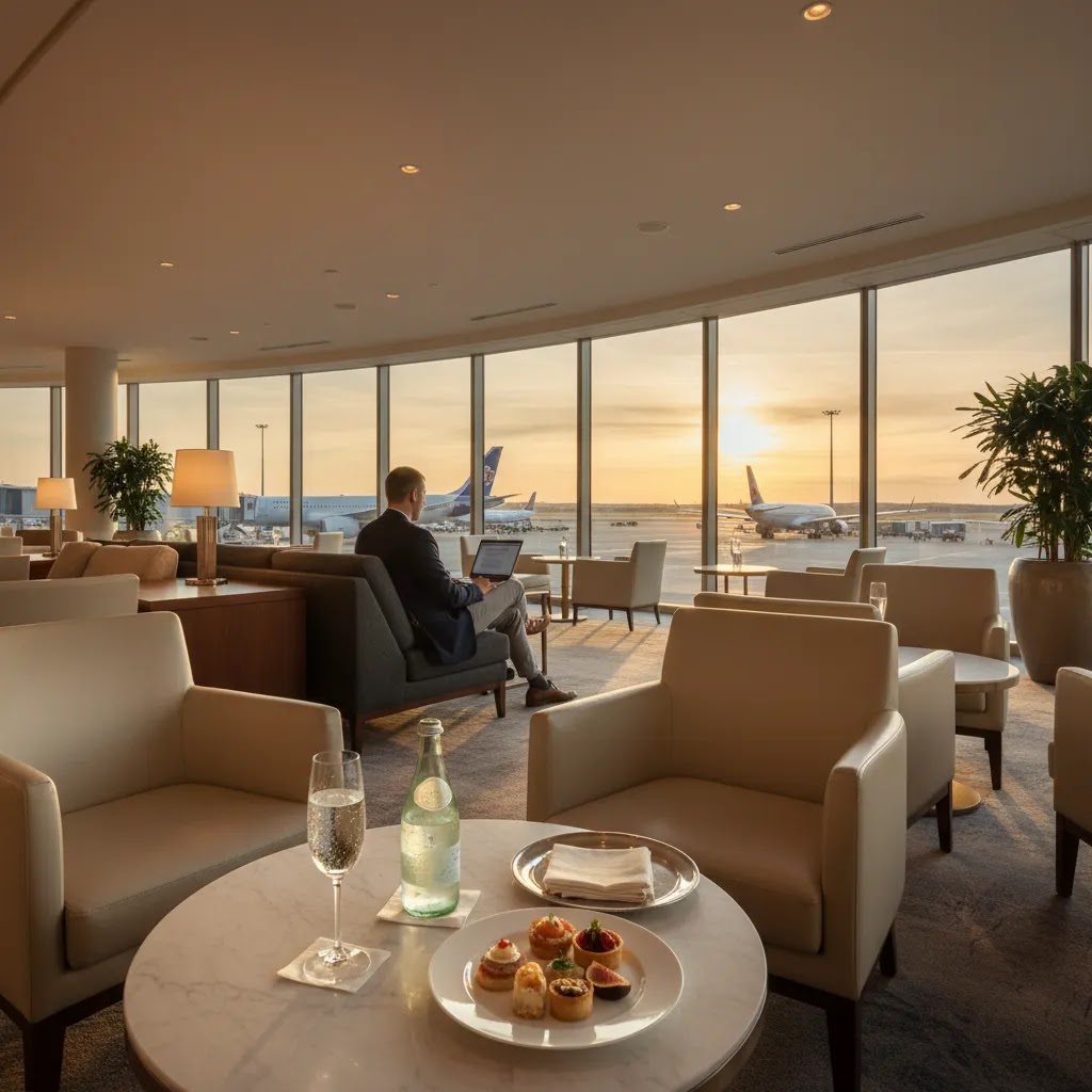 Business class flights to New York with premium lounge access and luxury pre-flight service