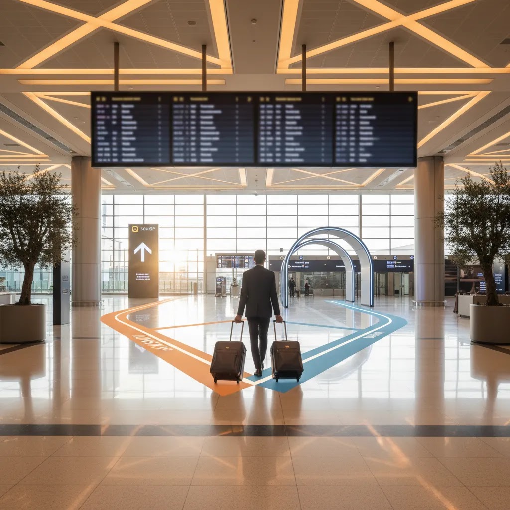 Fly business class for less with smart route and connection strategy in an international airport