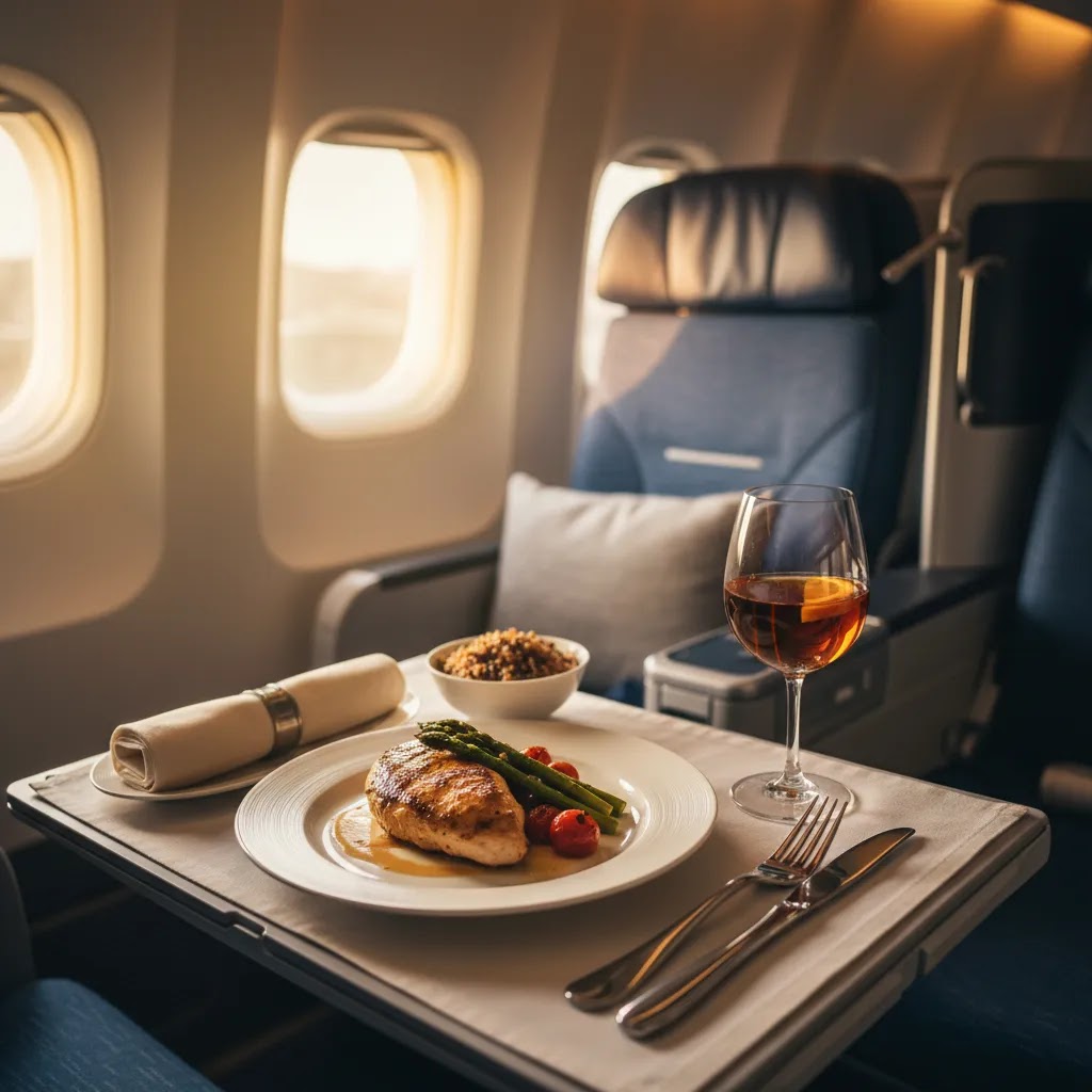 United first class meals served in a premium cabin with elegant dining presentation and onboard service