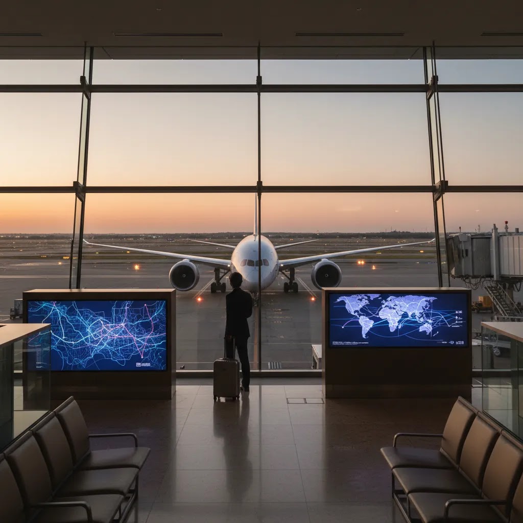 United business class international travel planning scene at a premium airport gate