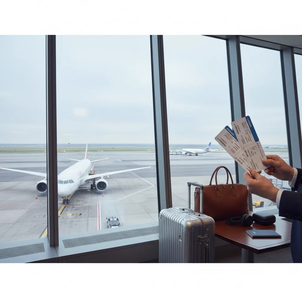 Business class London to LA airport departure scene showing nonstop vs one-stop travel choice