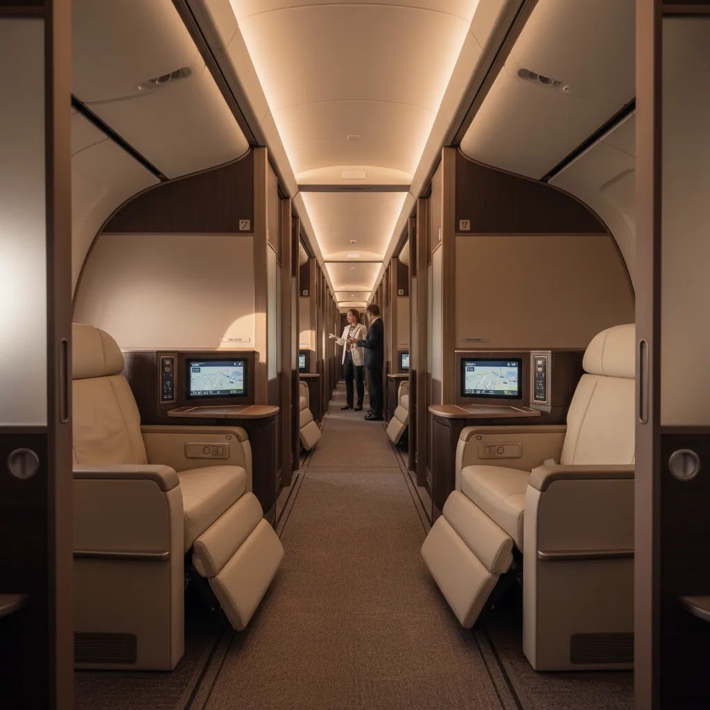 Private qatar airways business class cabin layout showing suite privacy and premium seating design