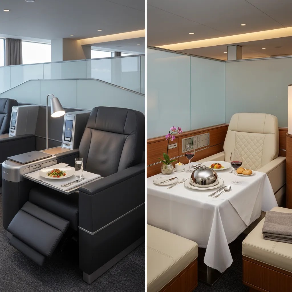 Visual comparison of delta business class vs first class seating and premium service atmosphere