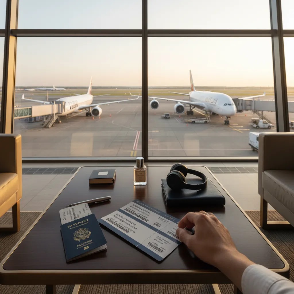 Business class flight comparison by route in a premium airport lounge setting