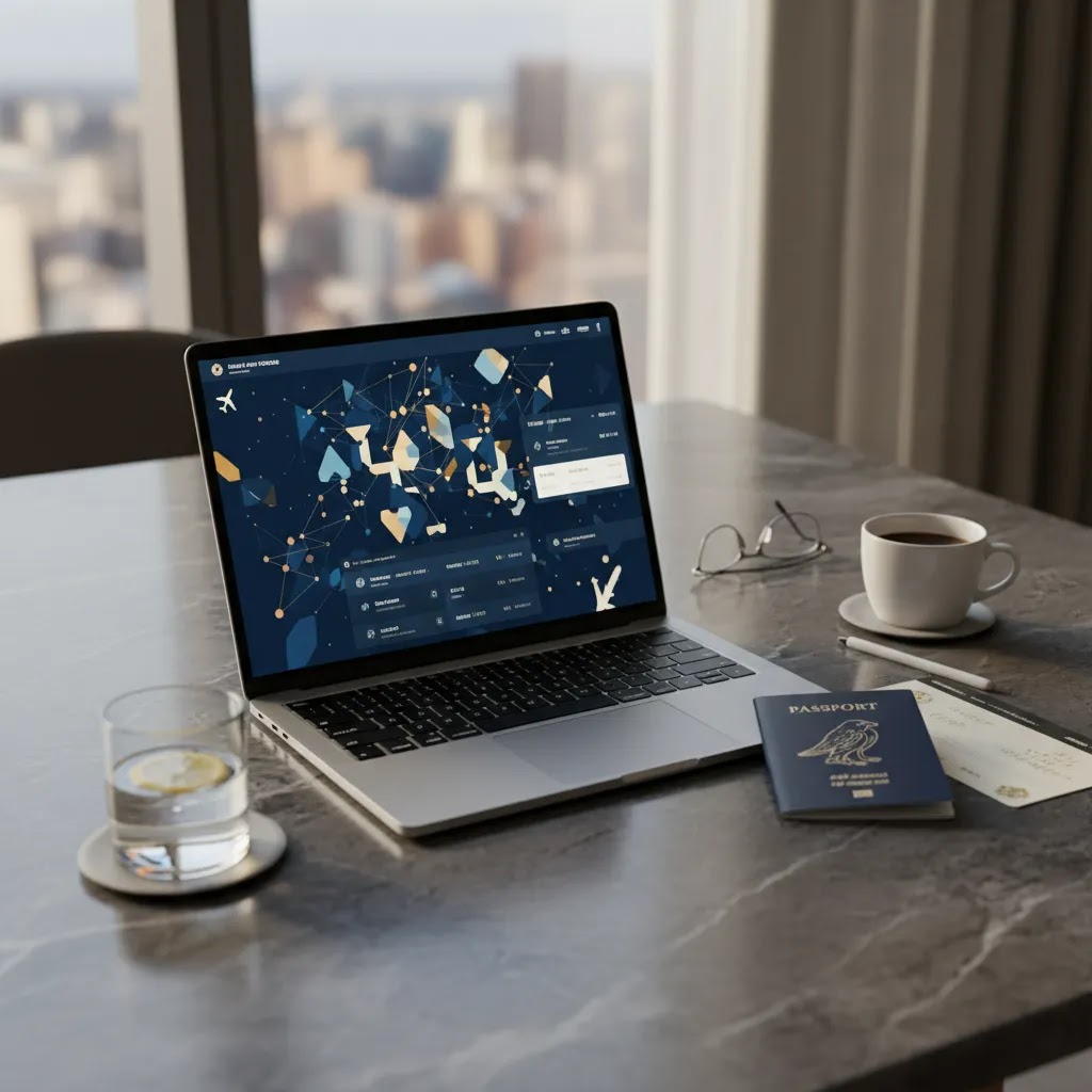 Cheap Emirates business class tickets planning scene with premium flight booking and fare comparison setup