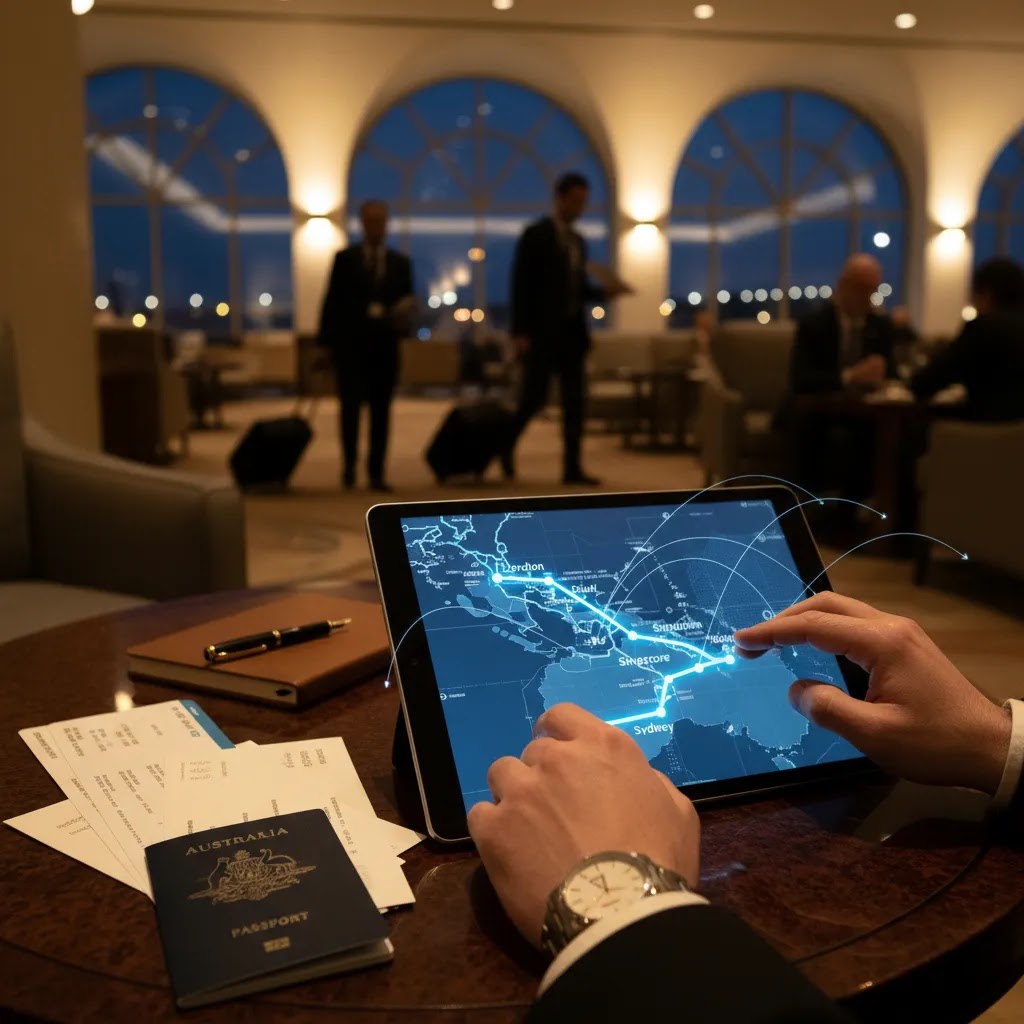 Business class Europe to Sydney route planning with premium travel documents and stopover itinerary review