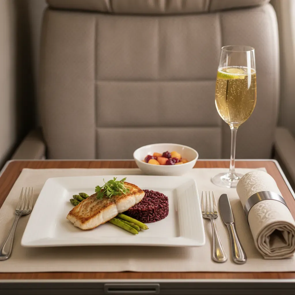 Best airline first class to Hawaii meal service detail with premium onboard dining presentation