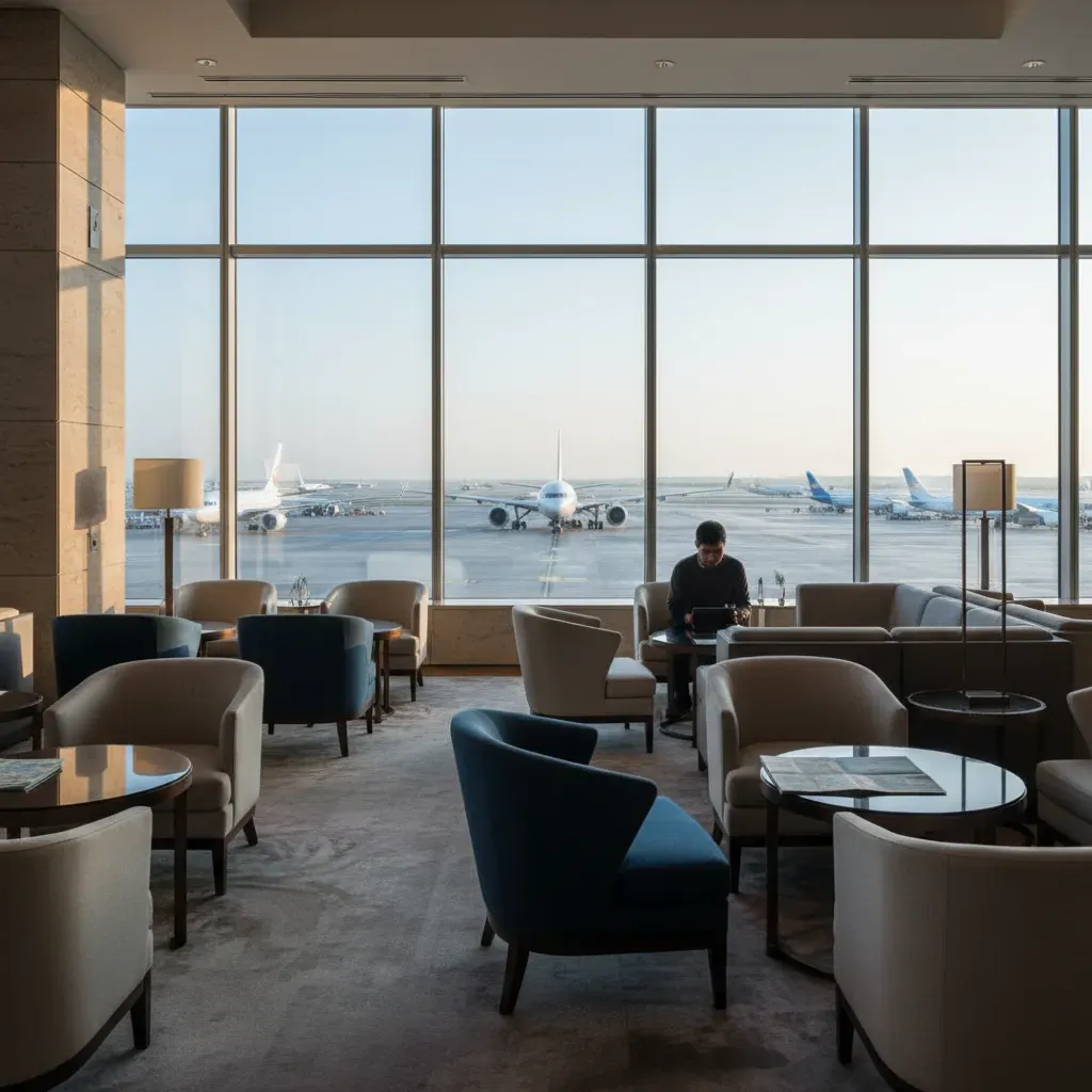 Business class to Hawaii airport lounge scene for premium route planning and connections