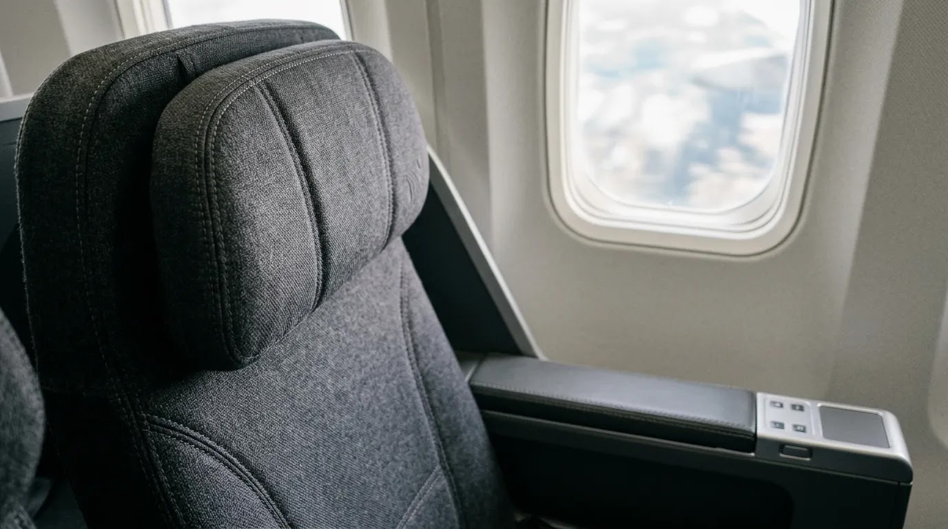 Hawaiian Airlines First Class seat detail representing inter-island premium seating