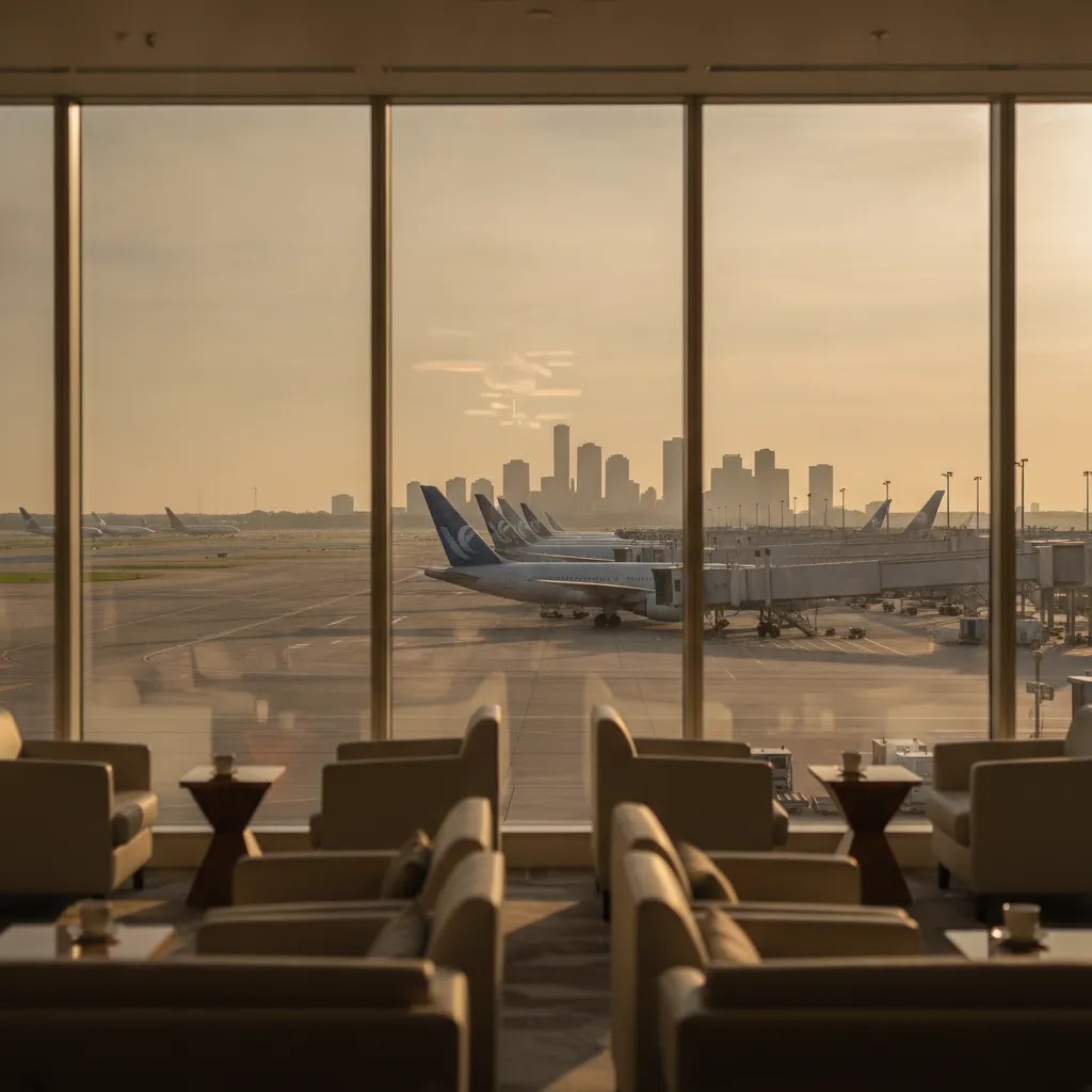 Business class flights from Houston airlines and international connectivity at IAH terminal