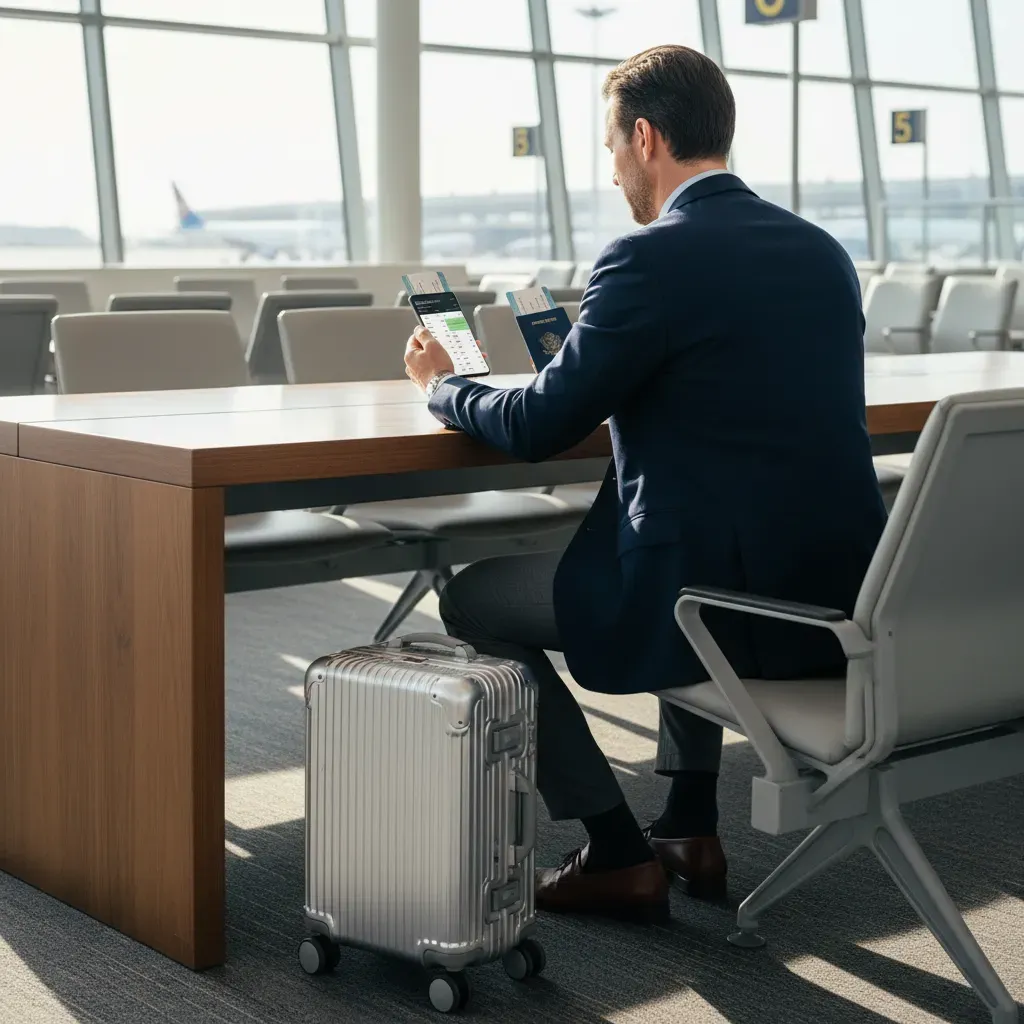 Lowest business class fares planning scene in an airport terminal with traveler and carry-on luggage
