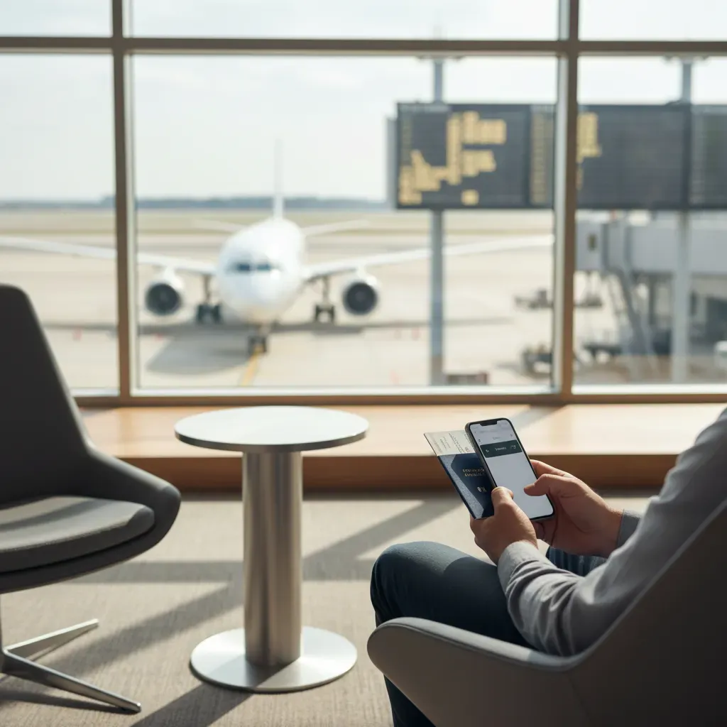Business class discounts concept with airport gate planning and ticket verification scene