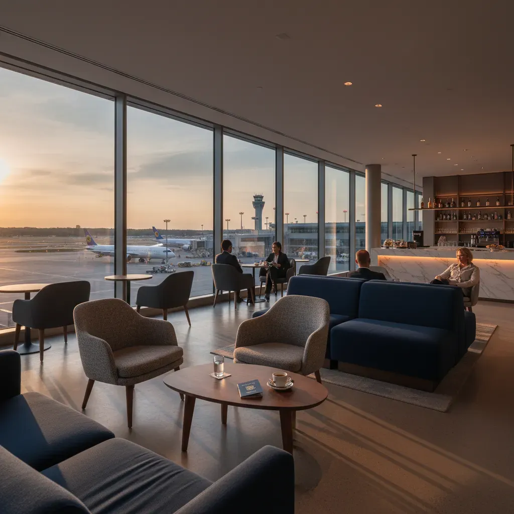 How much is United Polaris visual with premium airport lounge access and international business class travel atmosphere