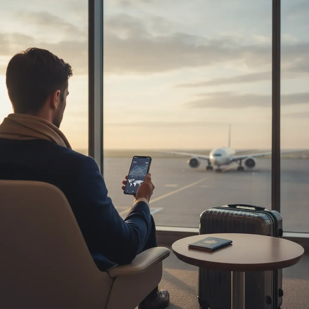 Emirates first class price from USA planning scene in airport with traveler and runway view