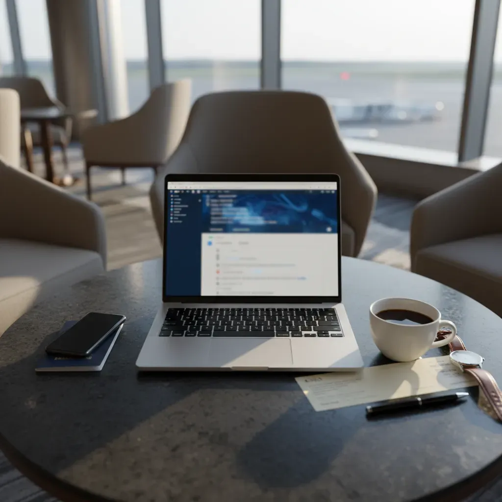 Sub 2000 business class Europe travel planning flat lay in an airport lounge