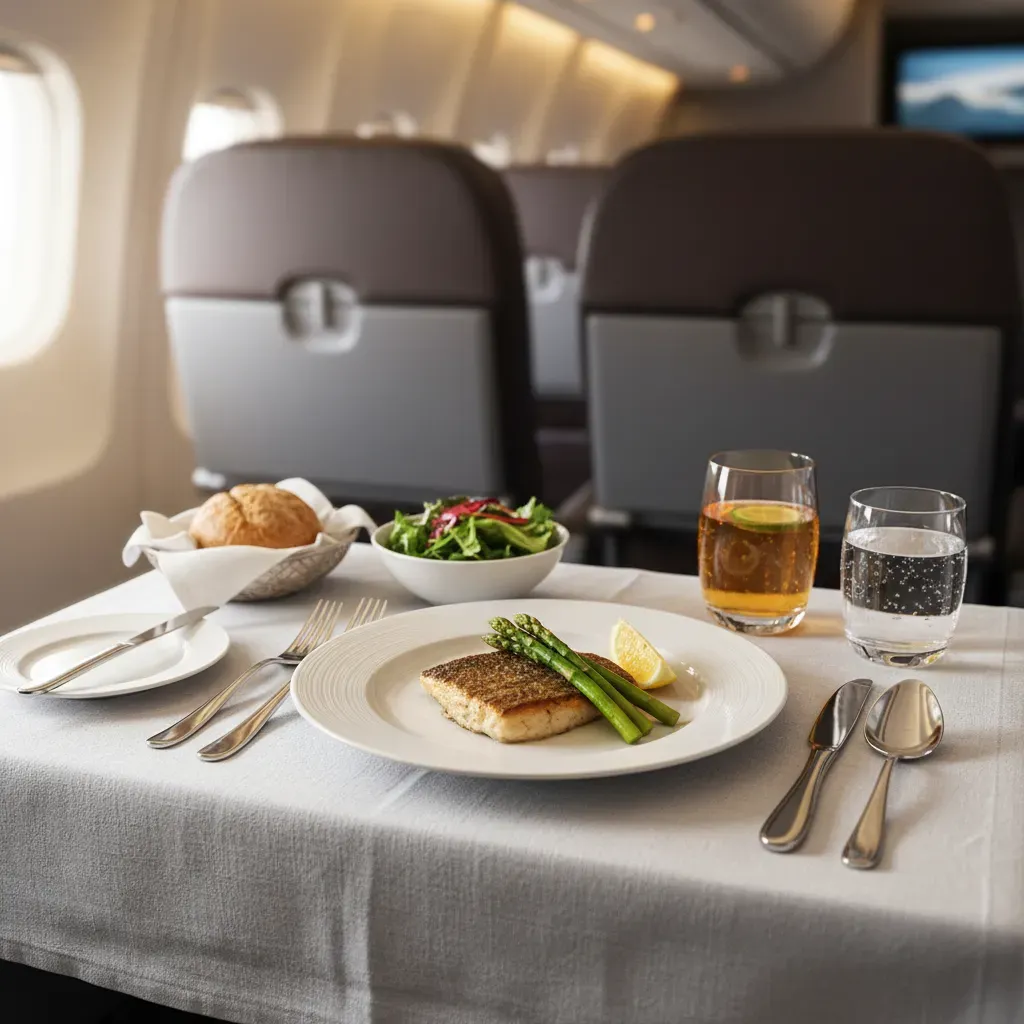 Cheap business class flights to Bahamas showing premium onboard meal and service detail