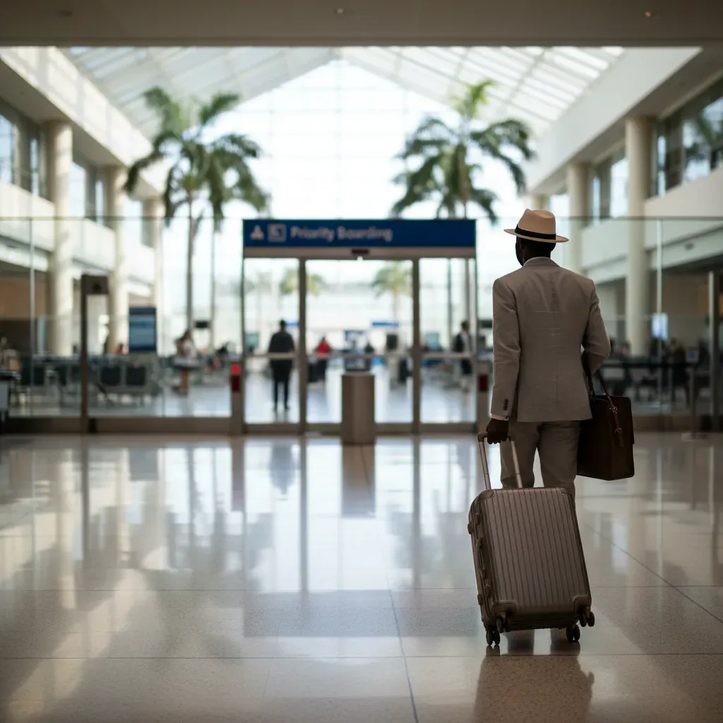 Cheap first class flights to Miami airport departure scene with premium traveler and carry on