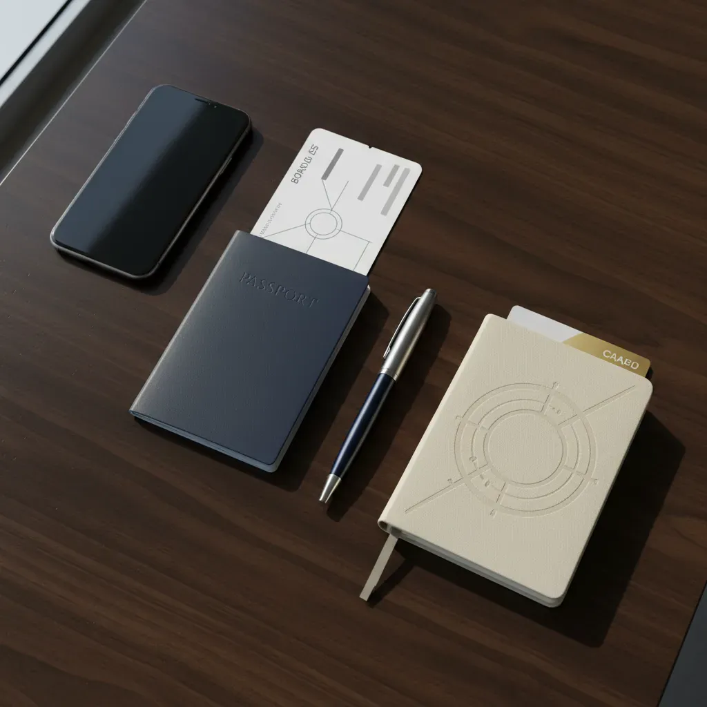 First class ticket cost international planning flat lay with travel documents and premium booking essentials