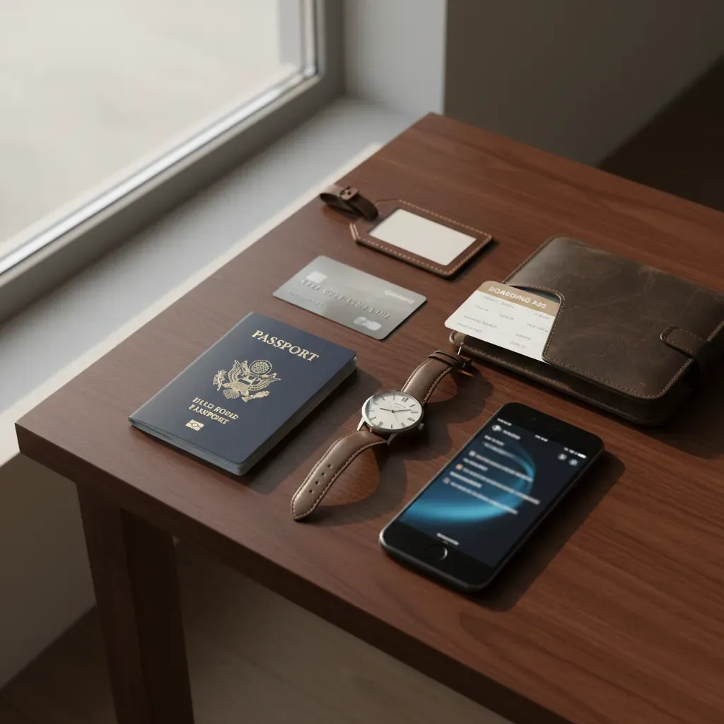 Business class fare deals planning flat lay with travel documents and booking essentials