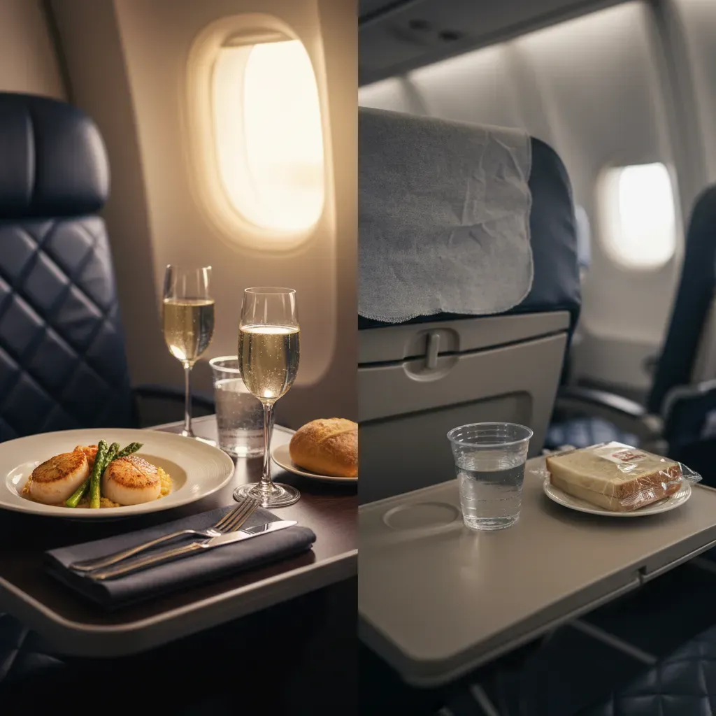 Business class international fare comparison image showing premium inflight service versus standard cabin details