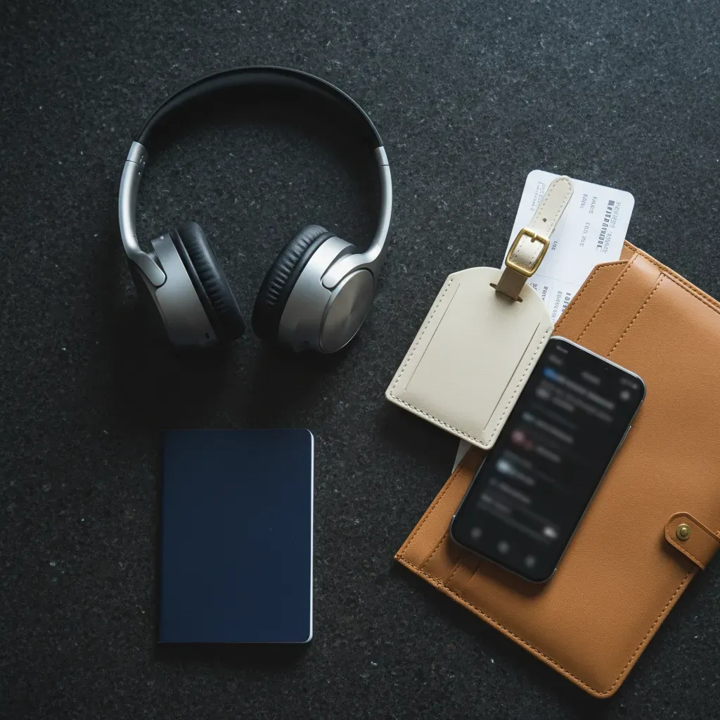 Business class flights from Denver travel planning flat lay with premium accessories and booking essentials